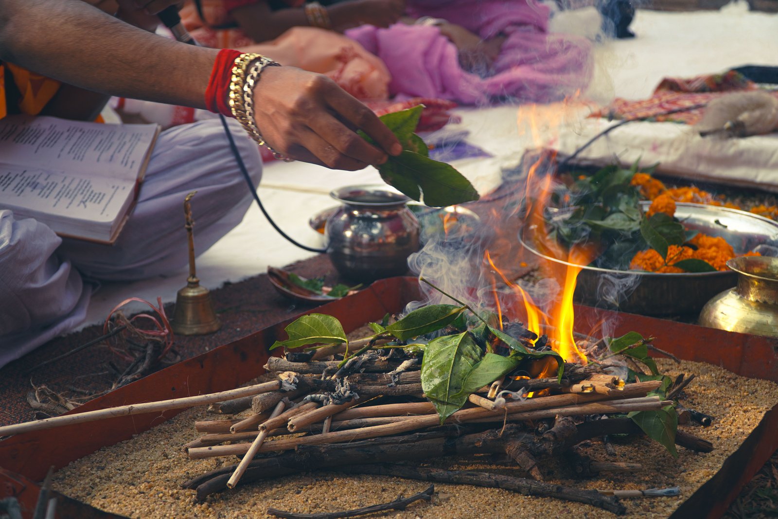 Vedic Puja Thali — Diya, Kalash and Flowers